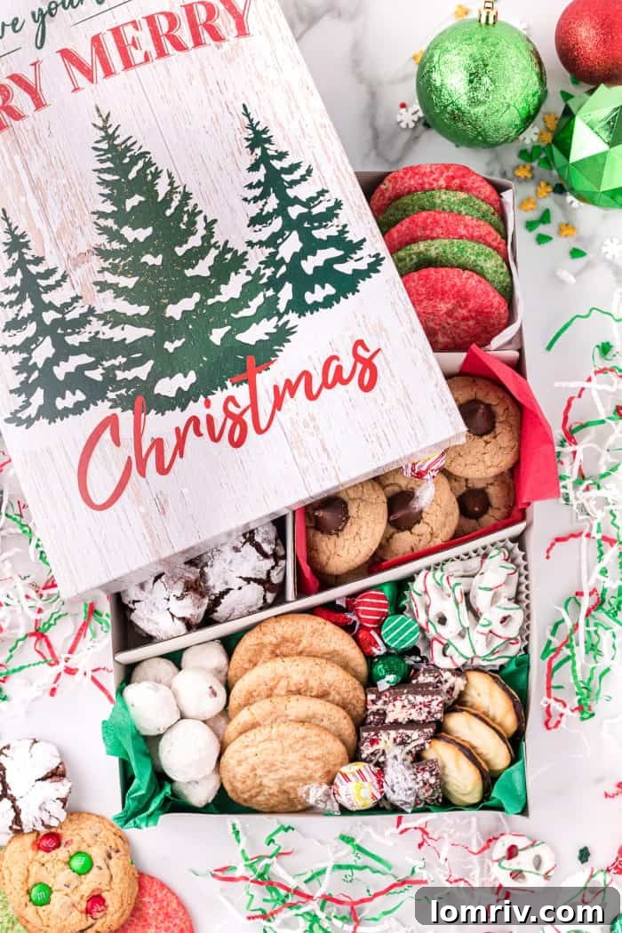 A festive holiday cookie box, showcasing a generous assortment of treats.