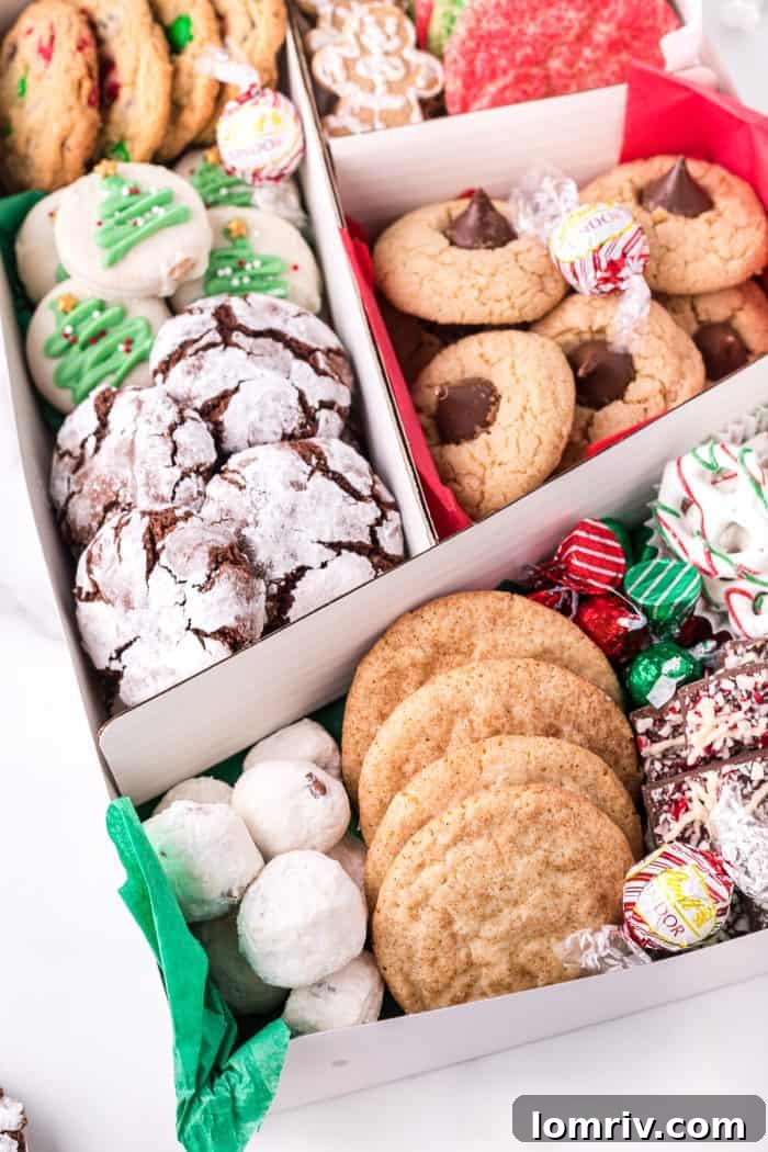 A well-arranged holiday cookie box, demonstrating excellent presentation.