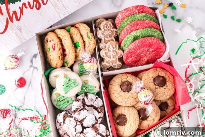 Holiday cookie box filled with cookies.
