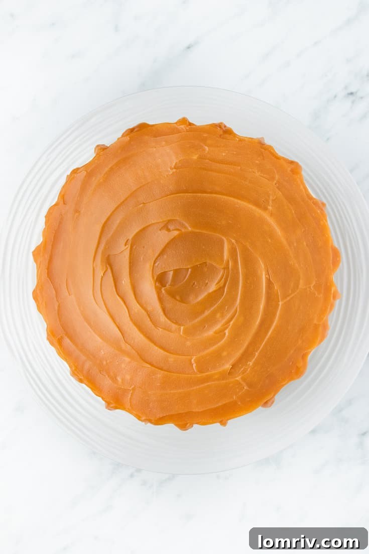 A top-down view of the no-bake caramel cheesecake, beautifully covered with a thick layer of golden caramel sauce.