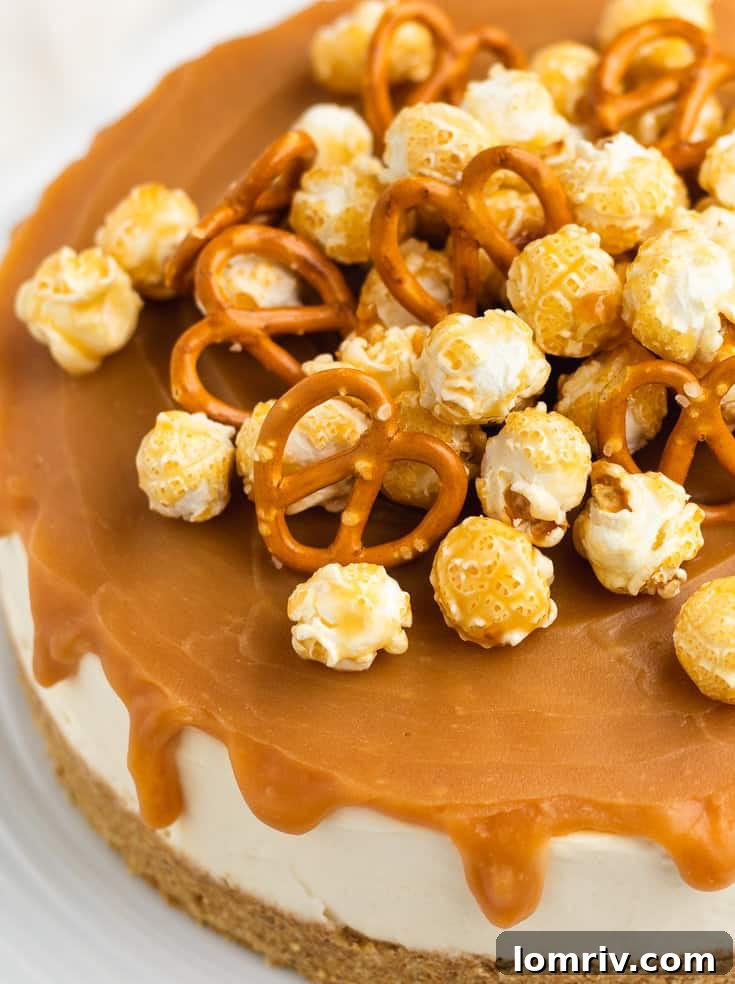 A close-up shot of the finished no-bake caramel cheesecake, showcasing the intricate details of the caramel popcorn and pretzel toppings.