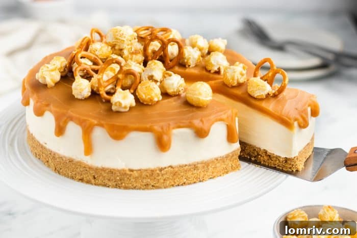 A vibrant display of the no-bake caramel cheesecake on a cake stand, garnished with its signature caramel popcorn and pretzel toppings.