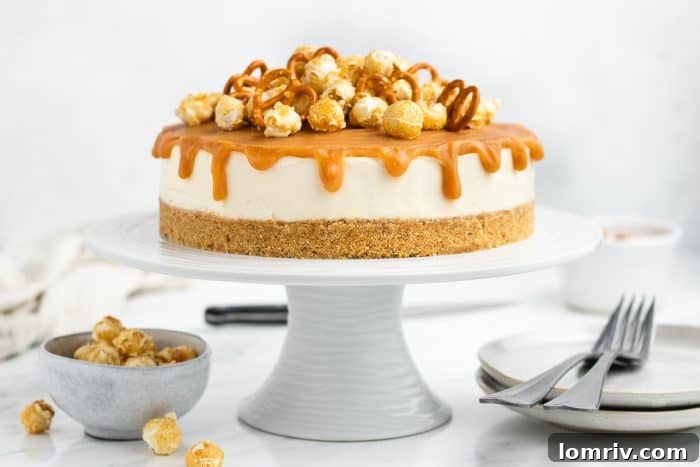 A beautifully presented no-bake caramel cheesecake on a cake stand, ready to be served and enjoyed by guests.