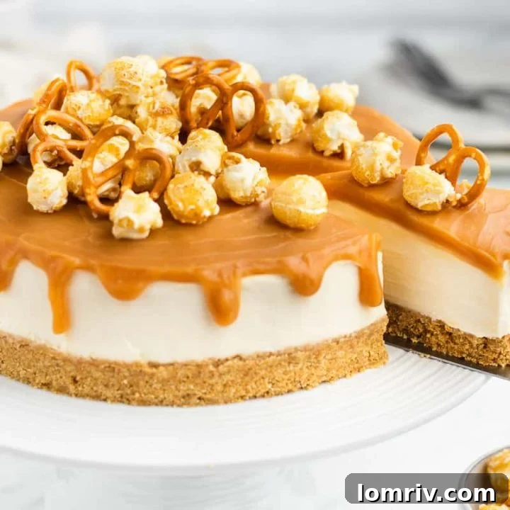 No bake caramel cheesecake on a cake stand.