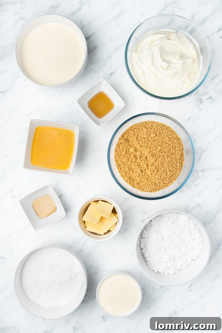 A flat lay photograph displaying all the fresh and essential ingredients required to make the delicious no-bake caramel cheesecake.