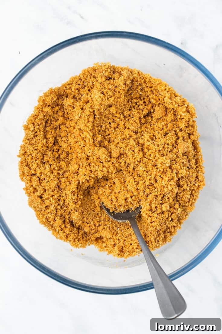Graham cracker crumbs being mixed with melted butter in a large bowl, forming the base for the cheesecake crust.
