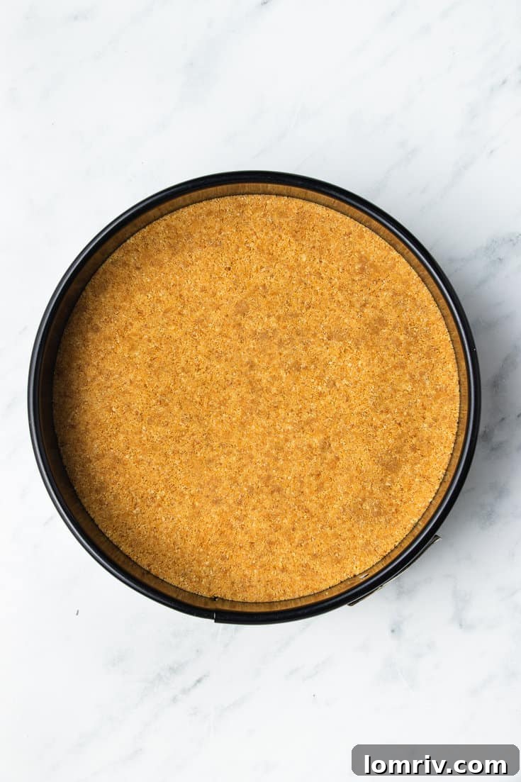 A perfectly formed graham cracker crust pressed firmly into the bottom of a springform pan, ready for chilling.