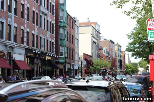 A charming street scene in Boston, showcasing the city's unique architecture