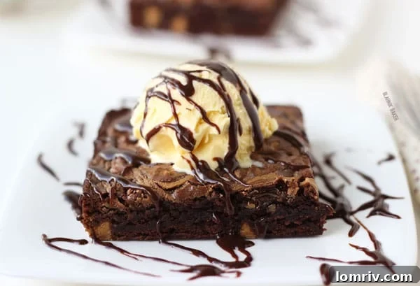 Close-up of Gooey Hot Fudge Peanut Butter Swirl Brownie Sundae