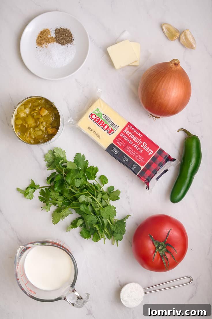 Homemade queso dip ingredients.