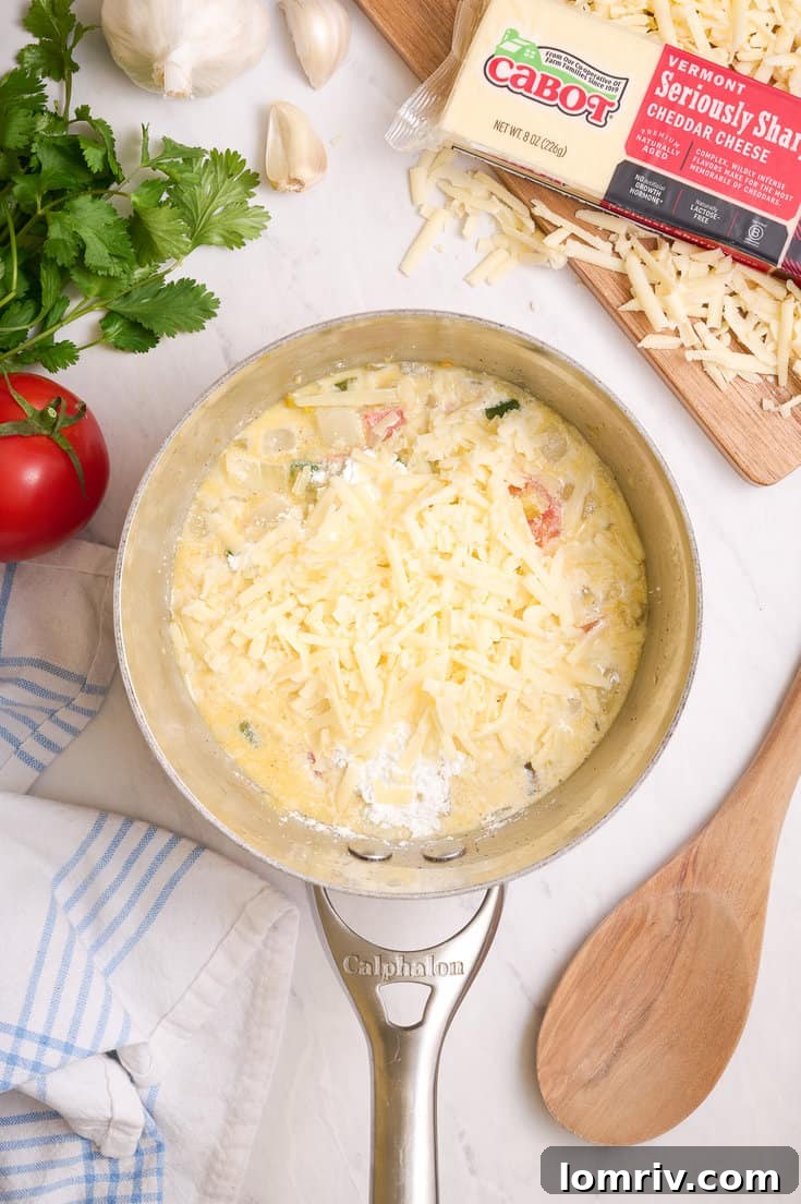 Making homemade queso dip.