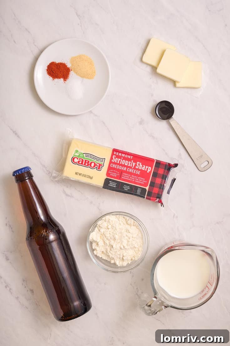 Beer cheddar cheese dip ingredients.