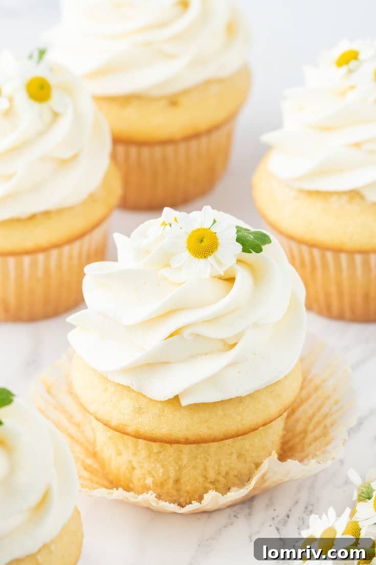 Chamomile cupcake with the wrapper removed.