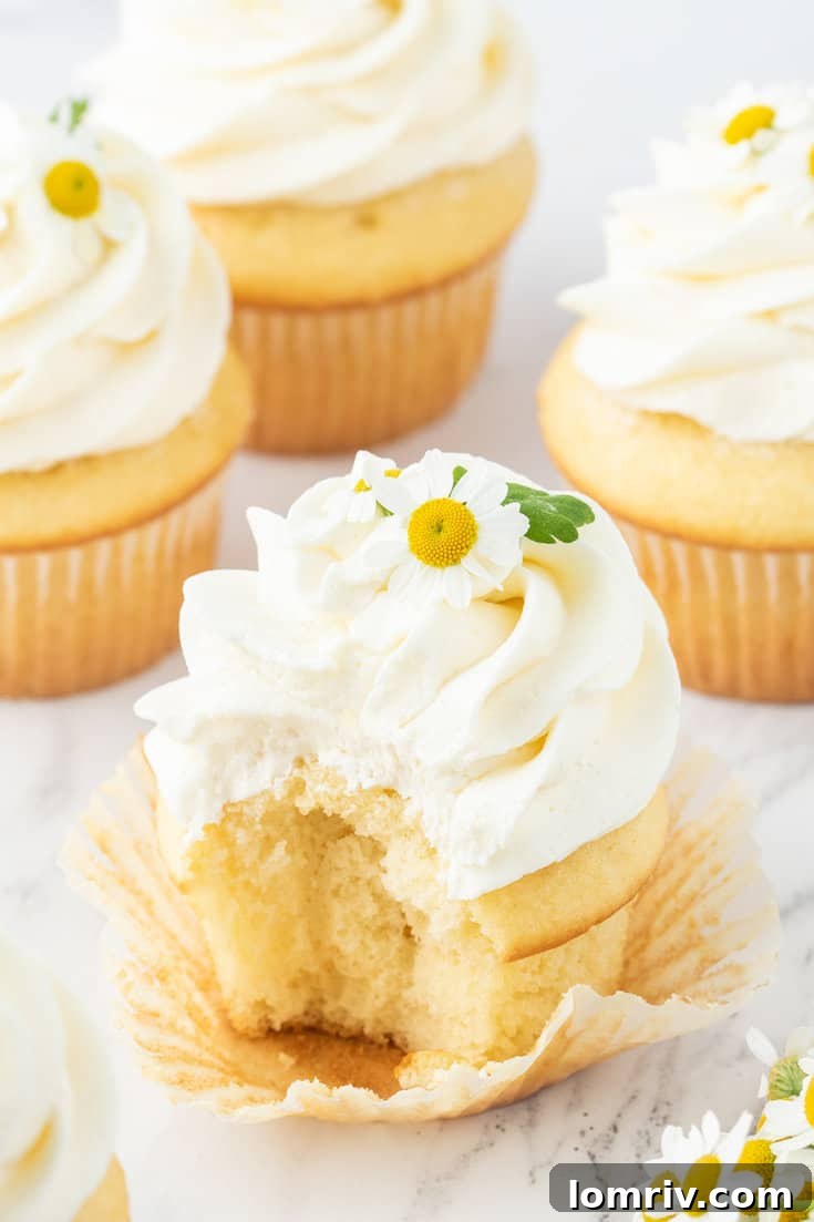 Chamomile cupcake with the wrapper removed.