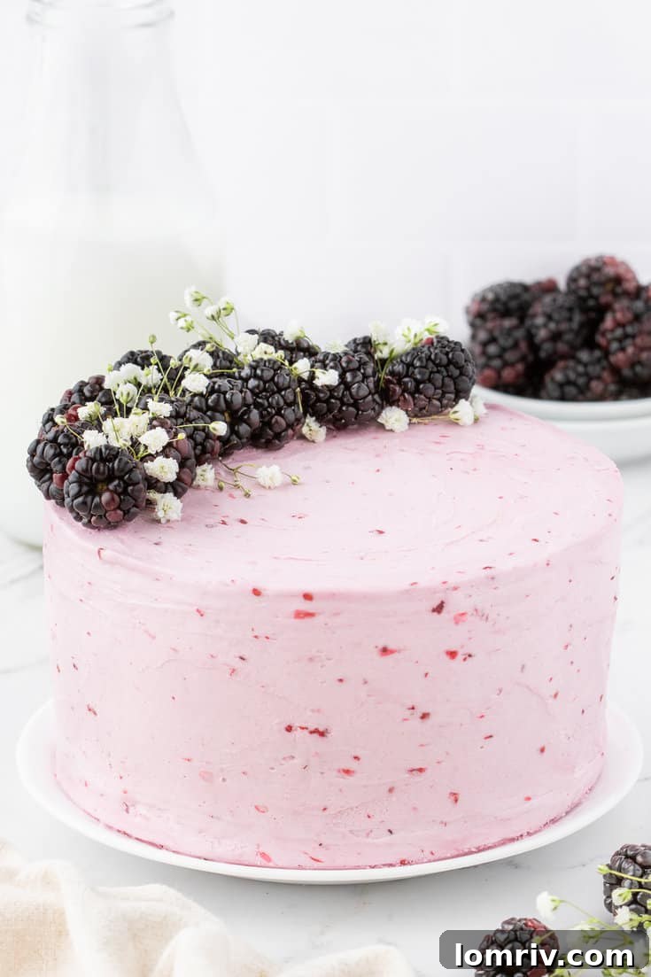 The fully assembled and frosted blackberry layer cake, ready to be sliced and enjoyed.