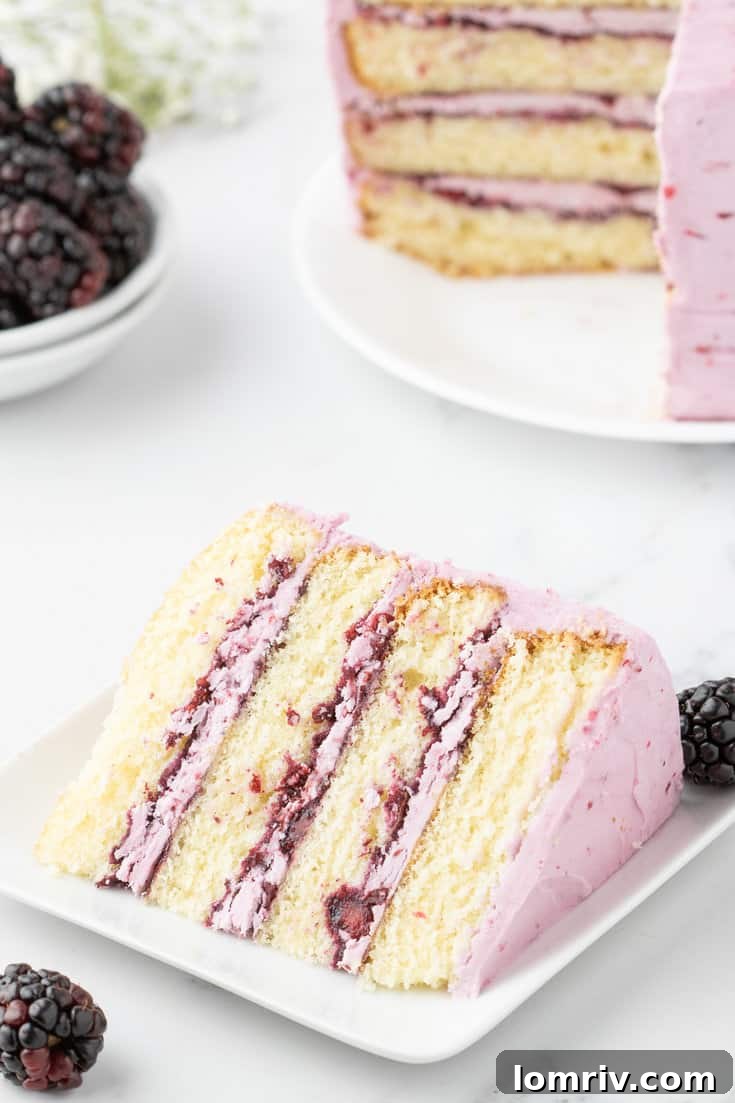 A close-up view of a slice of blackberry layer cake on a plate, showcasing the fluffy buttercream and jam layers.