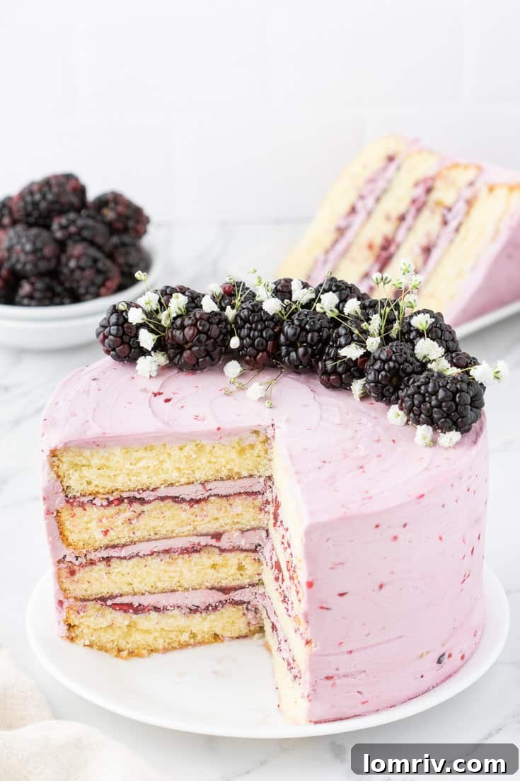 Blackberry layer cake with a couple of slices already removed, showing the rich interior.