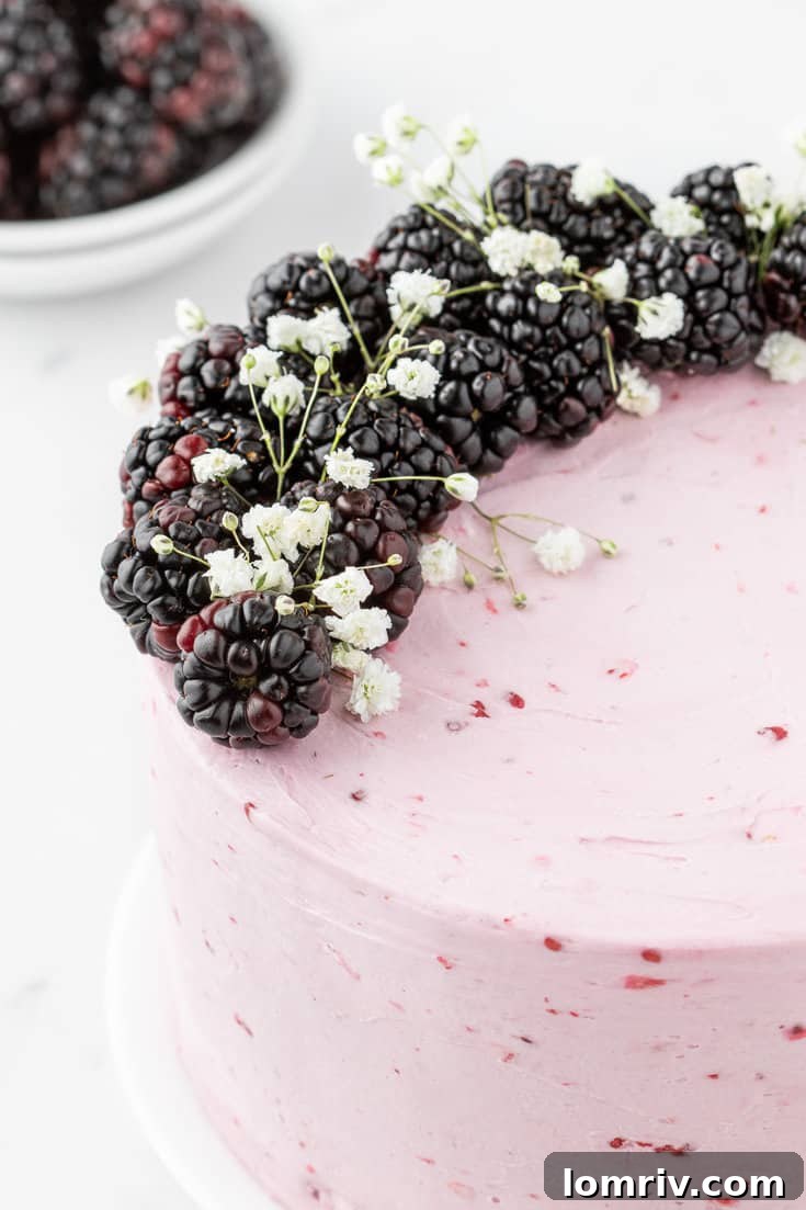 A beautiful close-up of the blackberry layer cake, highlighting the texture of the buttercream and the berry garnish.