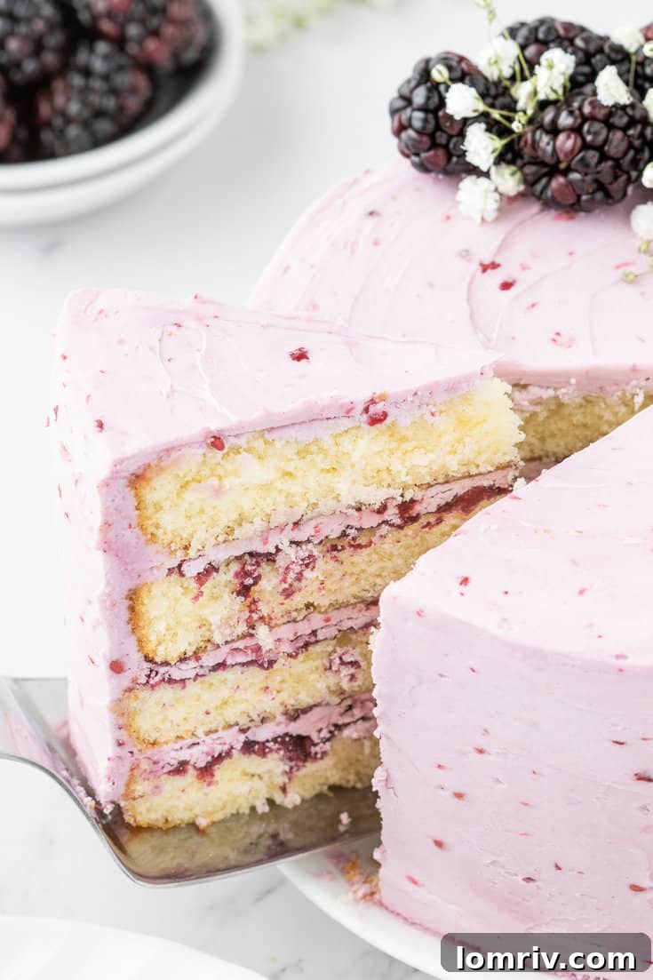 A delightful blackberry layer cake with a slice removed, revealing the delicious layers.
