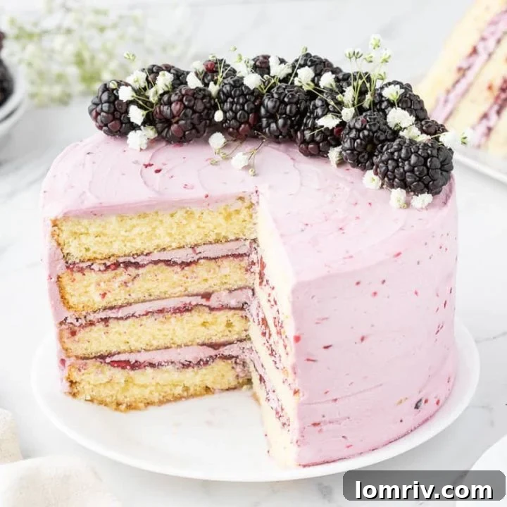 Blackberry layer cake with slices removed from the recipe card preview.