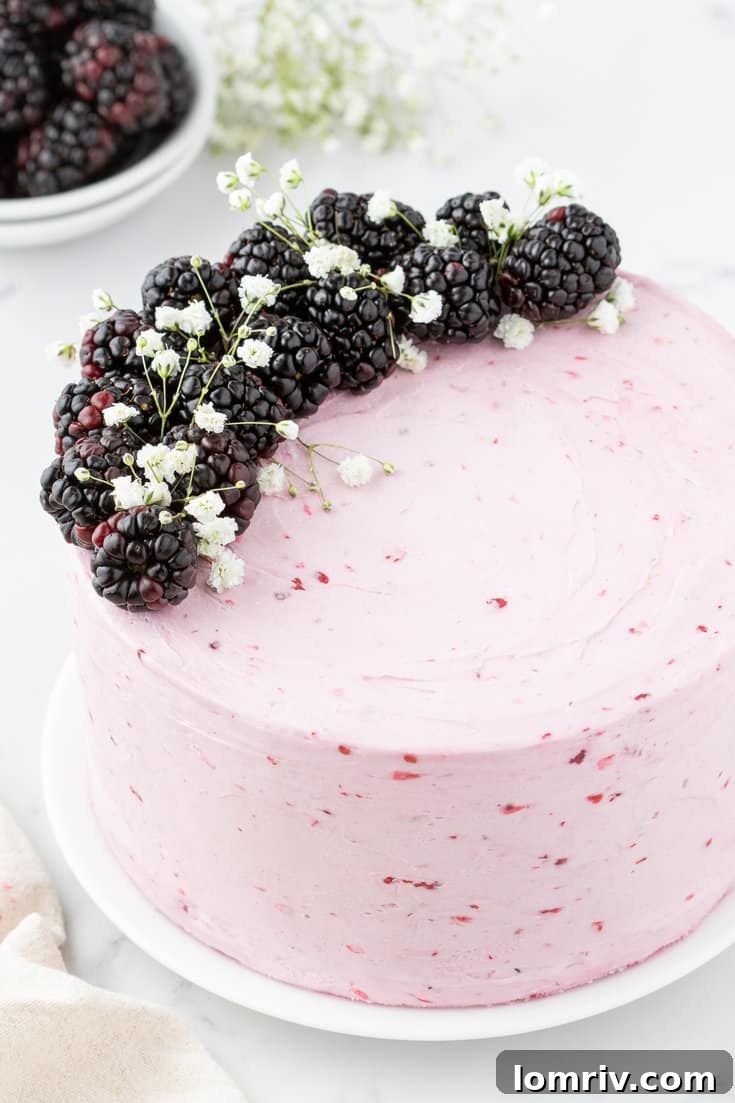 The whole blackberry layer cake, beautifully frosted with purple buttercream and garnished with fresh blackberries.