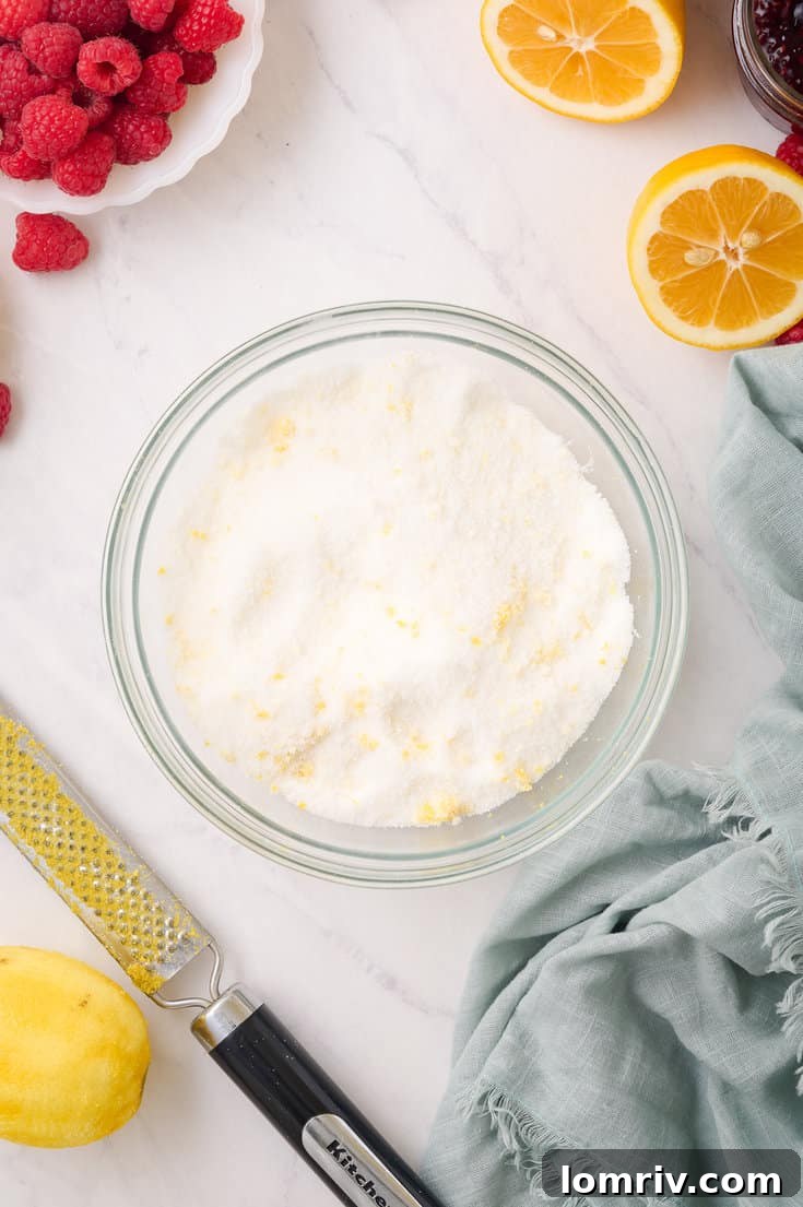 Lemon zest being vigorously rubbed into granulated sugar in a large mixing bowl with fingertips, a technique that releases fragrant essential oils from the lemon for an intensified flavor.