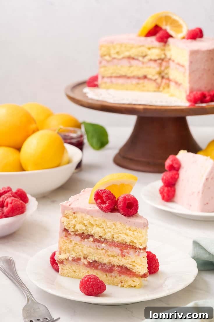 Several slices of Lemon Raspberry Layer Cake artfully arranged on a serving platter, highlighting the beautiful, distinct layers and inviting, fluffy texture of the cake.