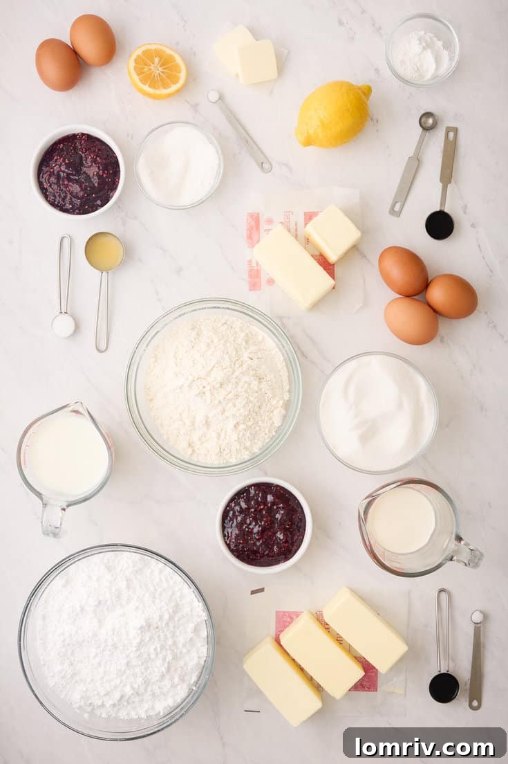 All the fresh and carefully measured ingredients meticulously laid out on a kitchen counter for baking the Lemon Raspberry Layer Cake, including bright lemons, juicy raspberries, eggs, and blocks of butter.