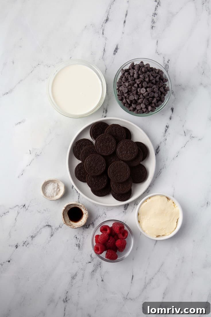 All the ingredients laid out for making the no-bake chocolate tart