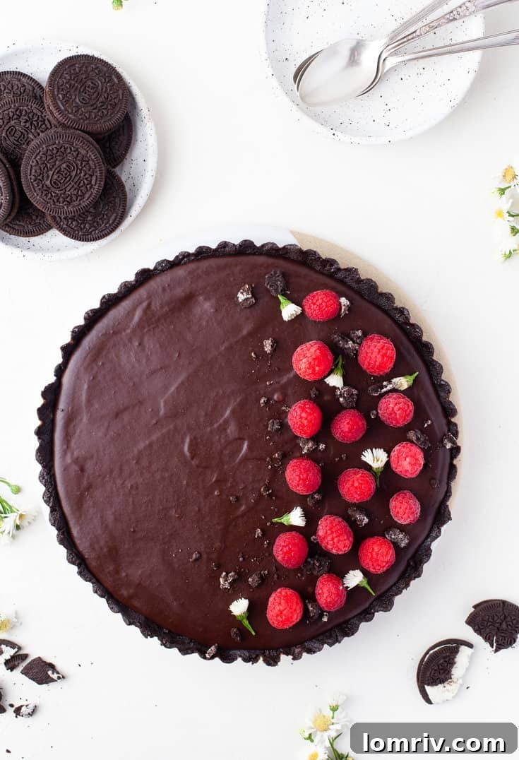 A beautifully garnished no-bake chocolate tart with fresh raspberries and sea salt