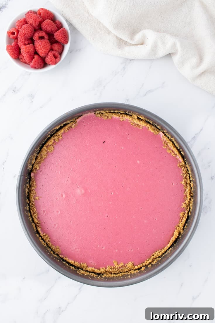 Freshly baked raspberry cheesecake cooling on a wire rack
