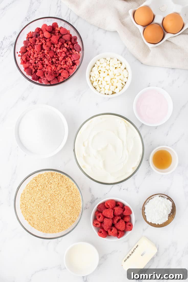 Various ingredients laid out for making Raspberry Cheesecake
