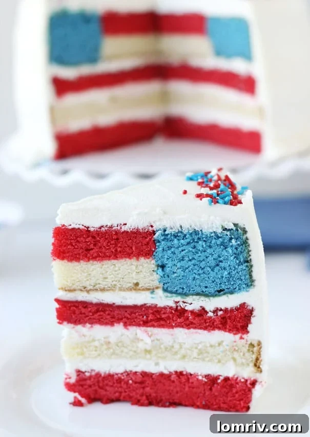 Close-up of the red, white, and blue layers inside a patriotic flag cake