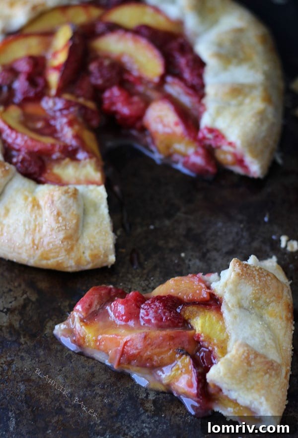 Close-up of fresh Peach Raspberry Galette