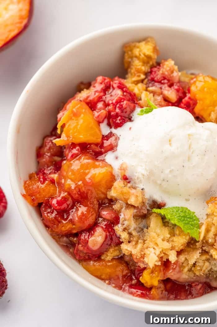 A delightful bowl of peach raspberry crumble, featuring a scoop of creamy vanilla ice cream on top, ready to be savored.