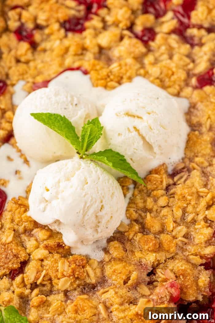 A delicious bowl of peach raspberry crumble, crowned with a scoop of vanilla ice cream, showing the irresistible combination.