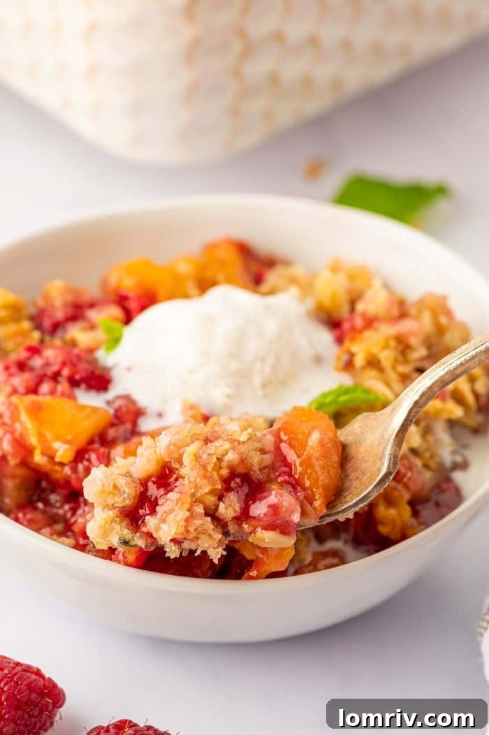 A beautifully presented bowl of peach raspberry crumble, ready to be enjoyed, showcasing its appetizing appeal.