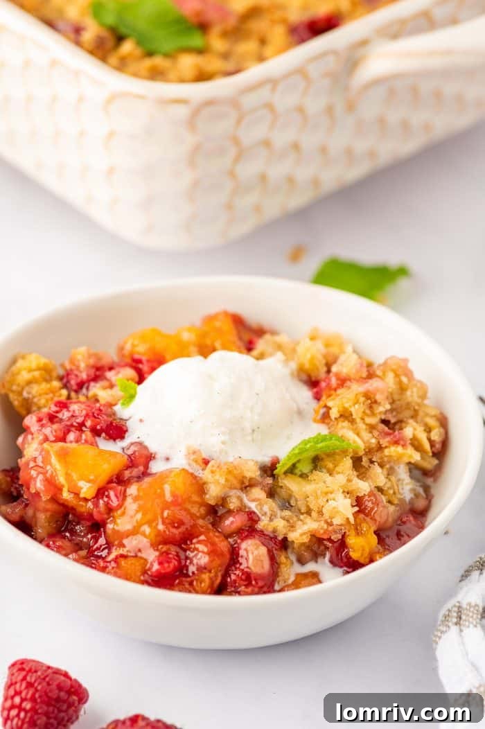 A beautifully presented bowl of freshly baked peach raspberry crumble, warm and ready to be served, showcasing its bubbling fruit and golden topping.