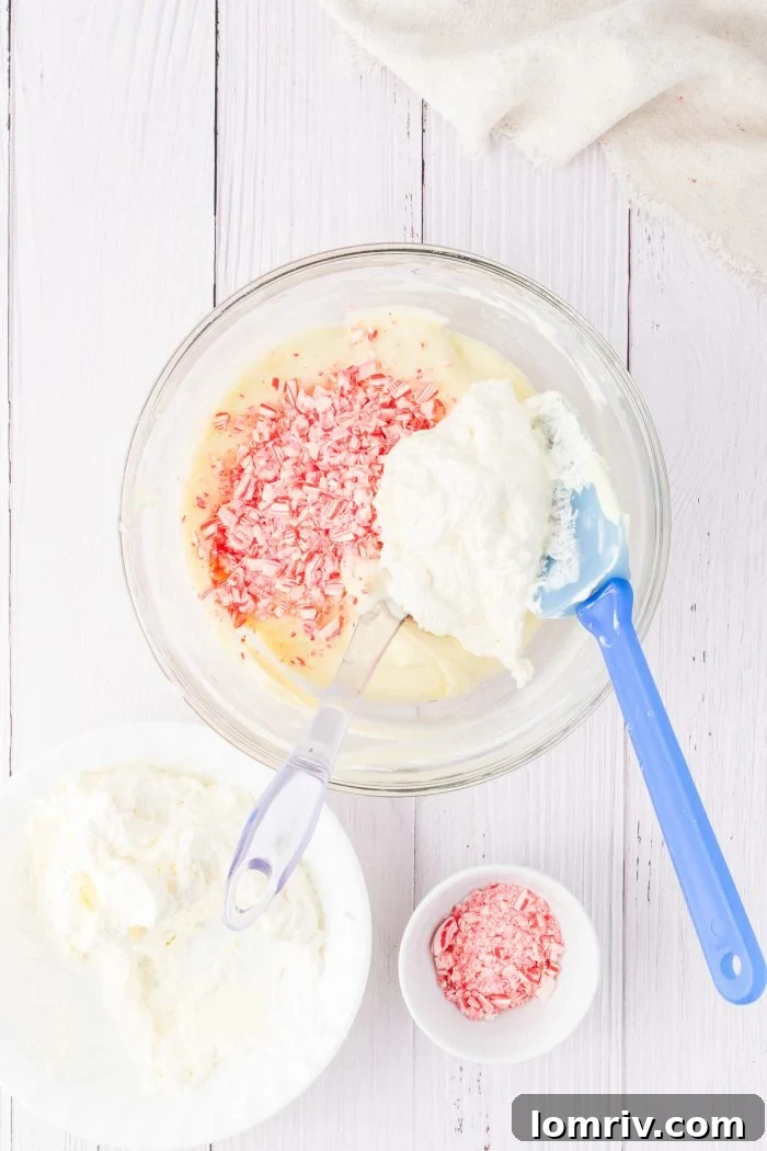 A chef's hand gently folding bright, crushed candy canes into the creamy, white cheesecake filling, ensuring even distribution of the festive bits.