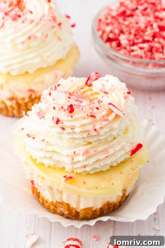 A mini cheesecake, still nestled in its paper liner, is gently being removed, highlighting its perfect individual portion and inviting texture.