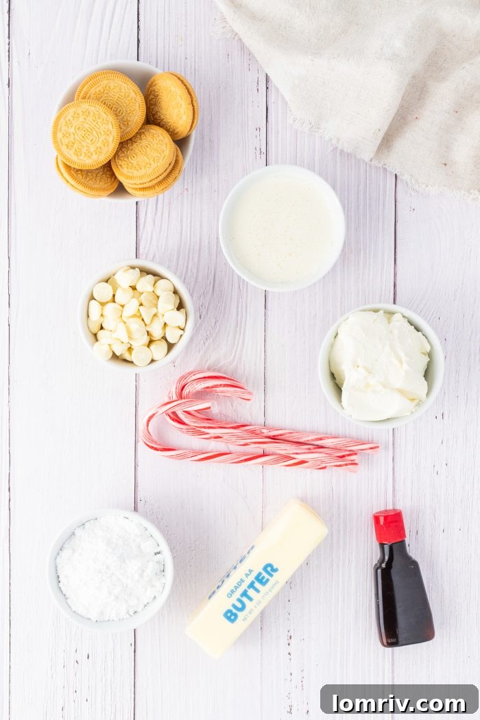 A vibrant flat lay of all the essential ingredients laid out on a clean surface, ready to be transformed into delicious mini white chocolate peppermint cheesecakes.
