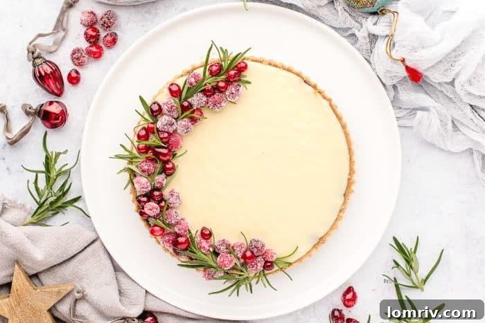 An overhead shot of the elegantly presented white chocolate cranberry tart with festive garnishes.