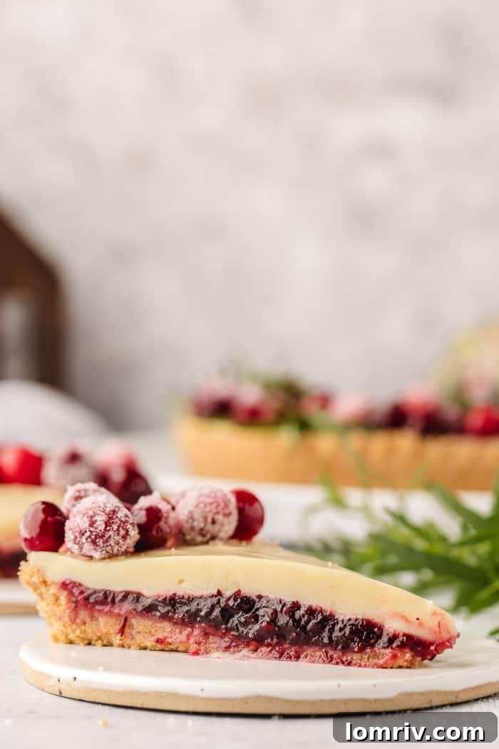 A close-up shot of a single slice of white chocolate cranberry tart, perfectly presented on a white plate.