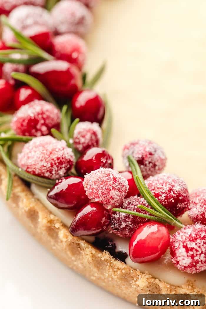 A detailed close-up of the beautifully decorated white chocolate cranberry tart, showcasing the garnishes.