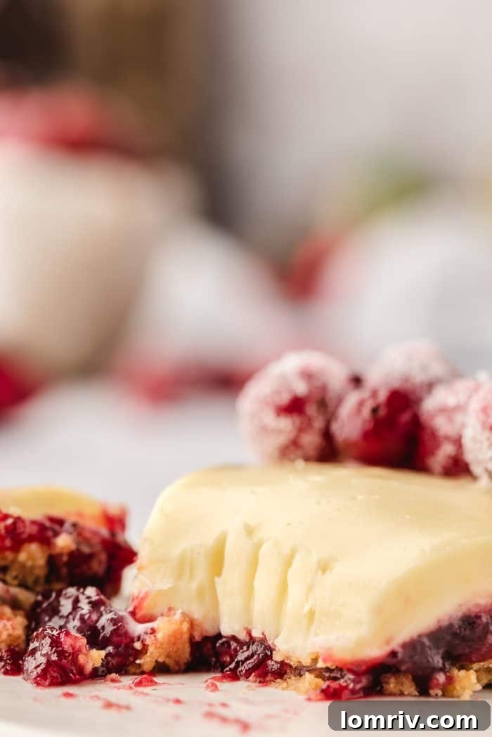 A close-up photo of a beautifully cut slice of white chocolate cranberry tart on a pristine white plate.