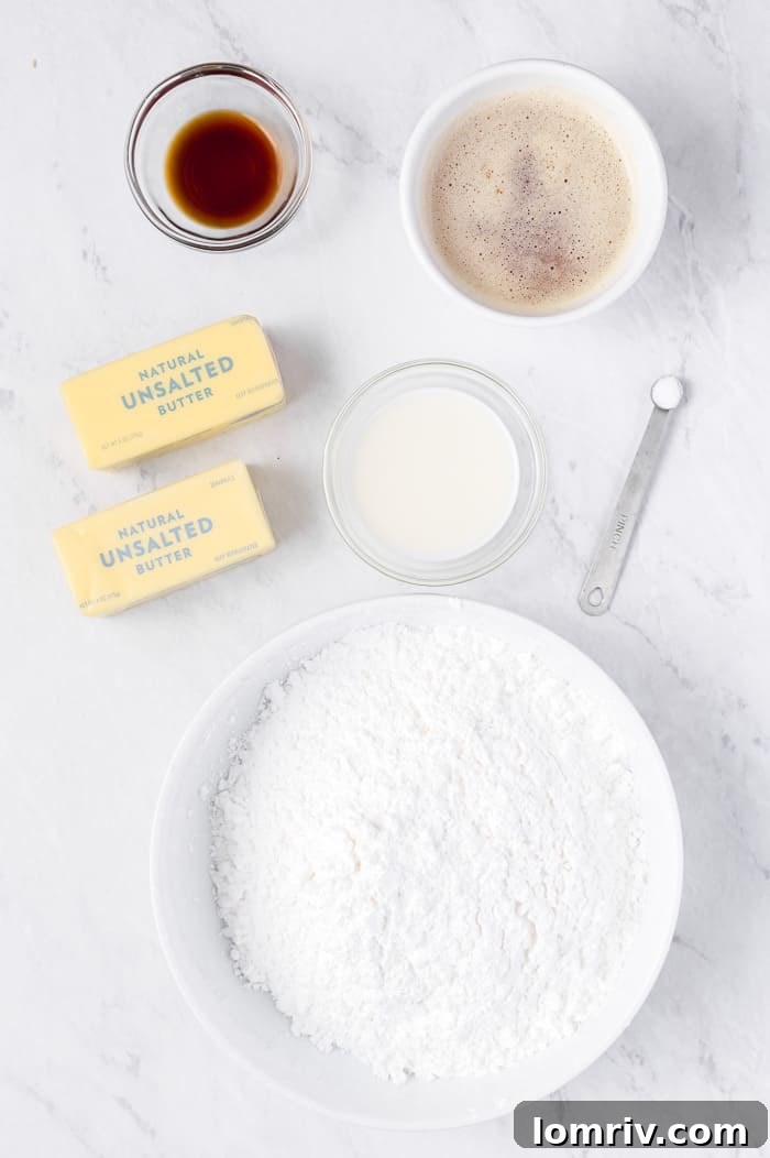Ingredients laid out for making brown butter buttercream frosting