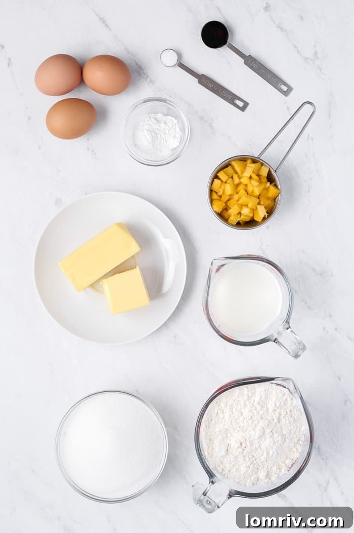 All ingredients laid out for making brown butter peach cupcakes