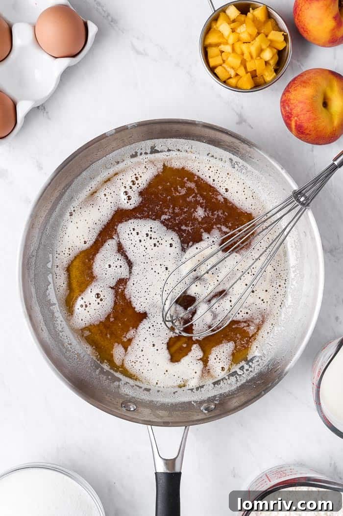 Step-by-step image of butter being browned in a saucepan