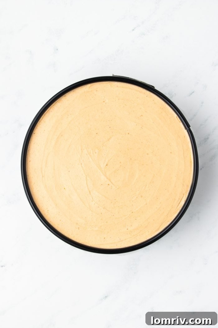 The velvety pumpkin cheesecake filling carefully smoothed over the chilled graham cracker crust in a springform pan, creating an even layer.