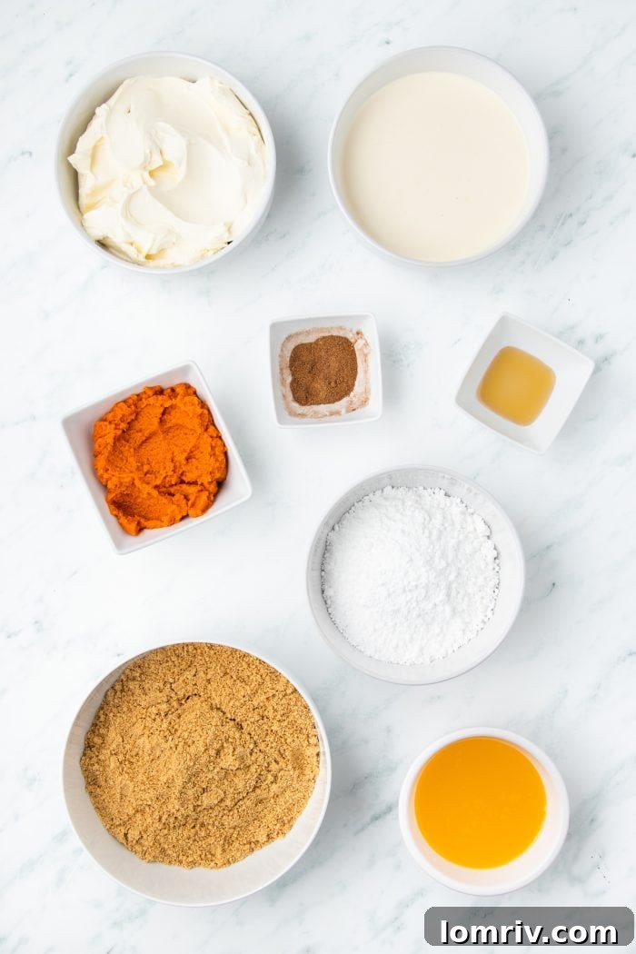 A flat lay photograph showcasing all the fresh, high-quality ingredients neatly arranged, essential for making a delicious no bake pumpkin cheesecake.